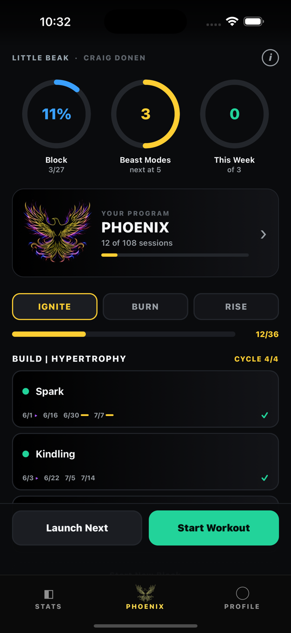 Phoenix home screen with progress rings and current block
